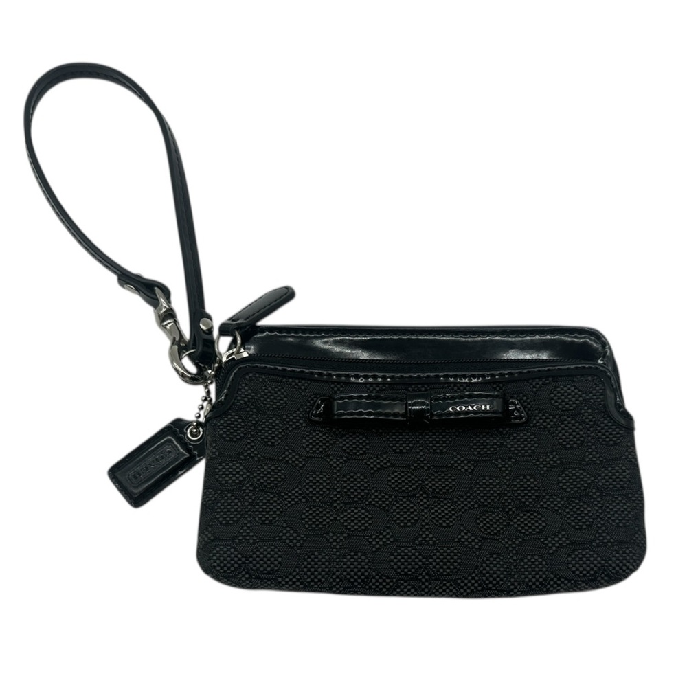 Coach Poppy Signature Oxford Double Zip Wallet in Black with Bow